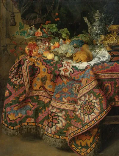 Still Life With Fruit Gold And Silver Vessels And A Squirrel All On A Table Covered By A Persian Rug