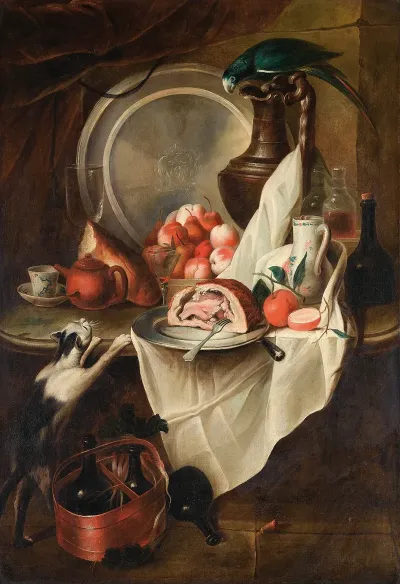 Still Life With Fruits And Ham With A Cat And A Parrot