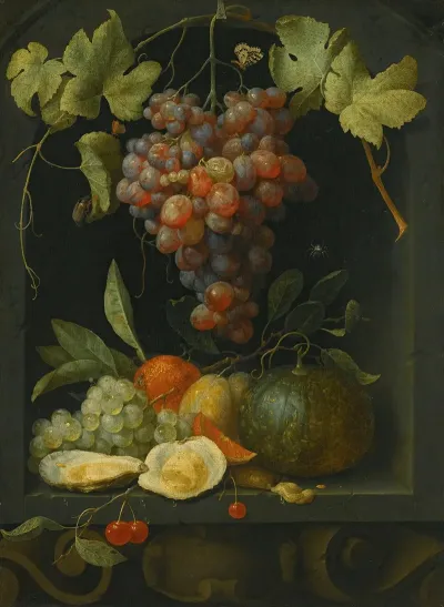 Still Life With Grapes A Melon An Orange Plums And Oysters In A Stone Niche