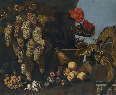 Still Life With Hanging Grapes On The Vine Figs And Fungi In A Garden Setting