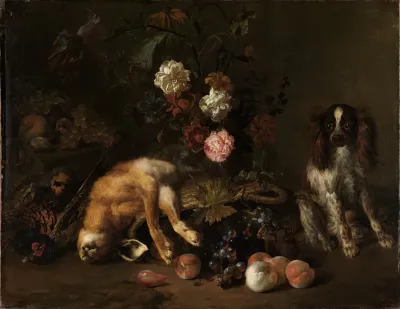 Still Life With Hunted Game Flowers Fruit And A Spaniel