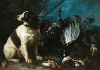 Still Life With Hunting Trophies And A Young Dog