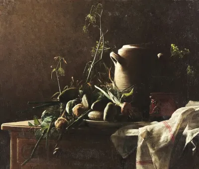 Still Life With Leeks Potatoes And Fennel On Commode Tabletop
