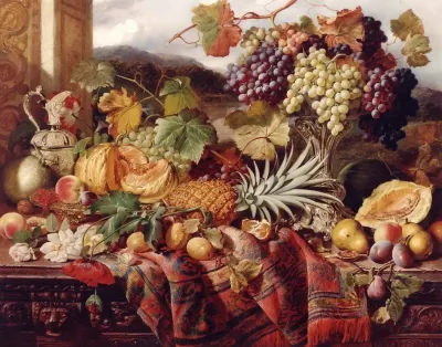 Still Life With Mixed Fruit A Rug With Landscape Beyond