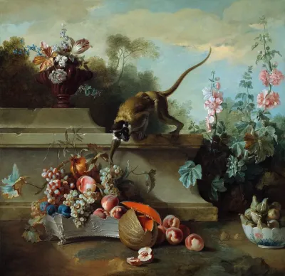 Still Life With Monkey Fruits And Flowers