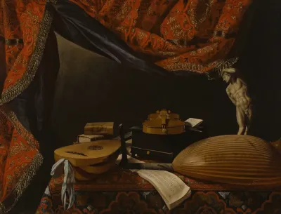 Still Life With Musical Instruments Books And Sculpture
