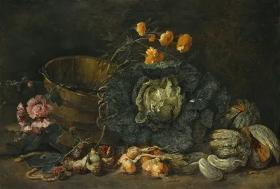 Still Life With Onions Figs Cucumbers A Cabbage And Some Flowers Arranged On The Floor Next To A Wooden Tub