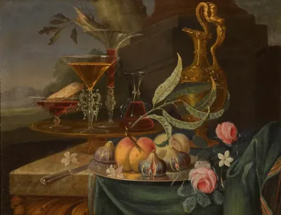 Still Life With Peaches And Figs On A Pewter Plate Together With Glasses And A Ewer On A Marble Ledge