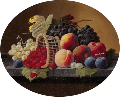 Still Life With Peaches Grapes And Basket Of Strawberries