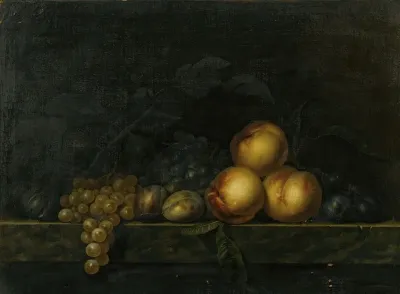 Still Life With Peaches Plums Grapes And Figs On A Marble Ledge