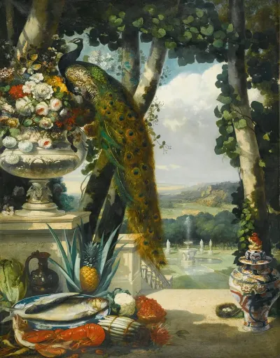 Still Life With Peacock Flowers Fruit And Japanese Vase An Extensive Park Landscape Beyond