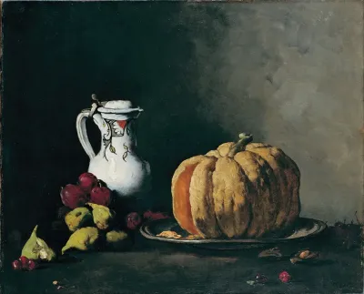 Still Life With Pumpkin Plums Cherries Figs And Jug