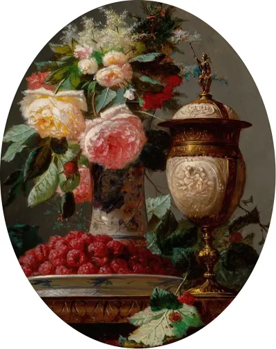 Still Life With Roses And A Bowl Of Raspberries With A Silver Gilt Ostrich Egg Cup