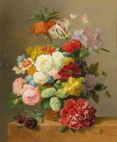 Still Life With Roses Peonies Tulips Narcissi Convulvulus And Others In A Vase On A Marble Ledge
