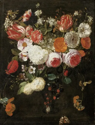 Still Life With Roses Tulips And Other Flowers In A Vase Together With Blackberries And A Moth