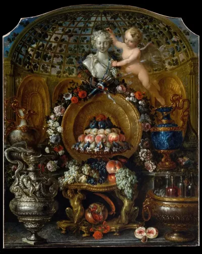 Still Life With Silver And Gold Vessels Fruit And Flowers