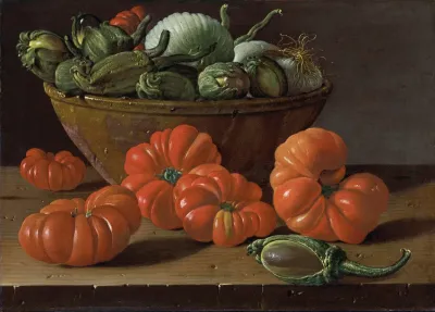 Still Life With Tomatoes A Bowl Of Aubergines And Onions