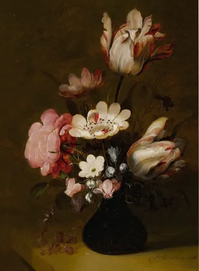 Still Life With Tulips Peonies Anemones Hyacinths And Other Flowers In A Glass Vase On A Stone Ledge