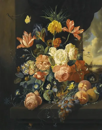 Still Life With Tulips Roses And Fruit