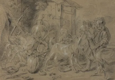 Still Life With Two Children Feeding Goats