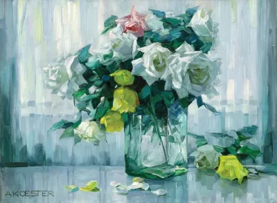 Still Life With White And Yellow Roses In A Glass Vase