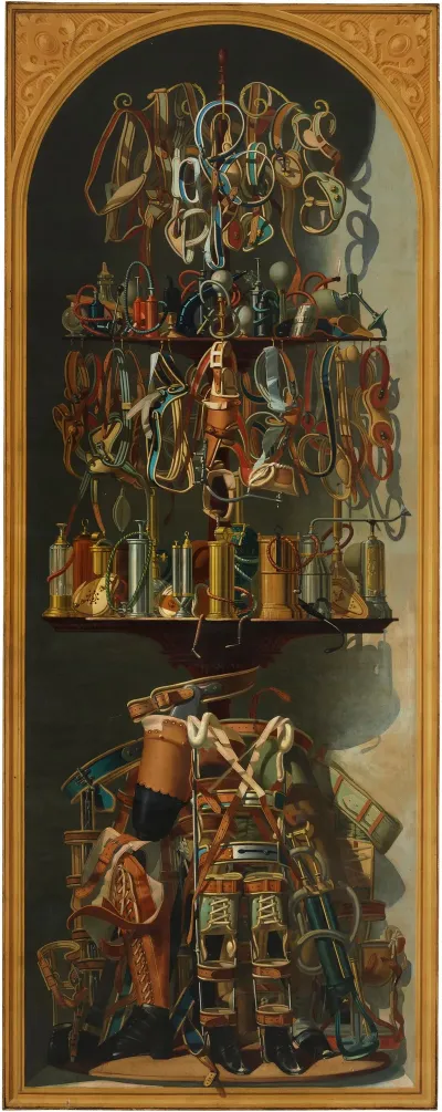 Still Lifes Depicting Prosthetic Arms Prosthetic Legs And Medical Instruments In A Trompe Loeil Framed Niche 2