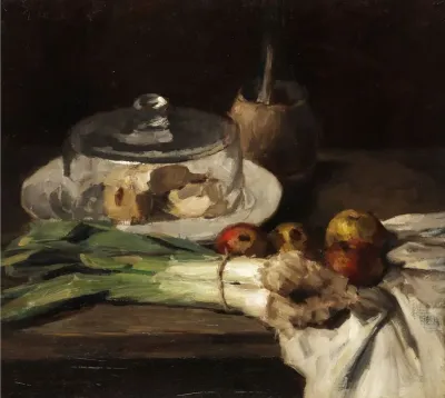 Stilleben Mit Porreebundel Kaseglocke Und Apfeln
