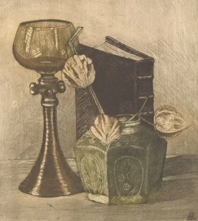 Stilleven Met Boek Wijnglas En Lampionplant In Gemberpot