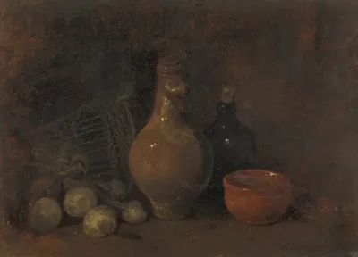 Stilleven Met Vier Vruchten Glas En Aardewerk