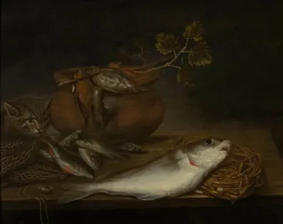 Stilleven Met Vissen Vogels En Een Kat