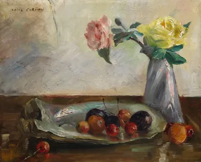 Stillleben Mit Blumen In Vase Muschel Und Obst