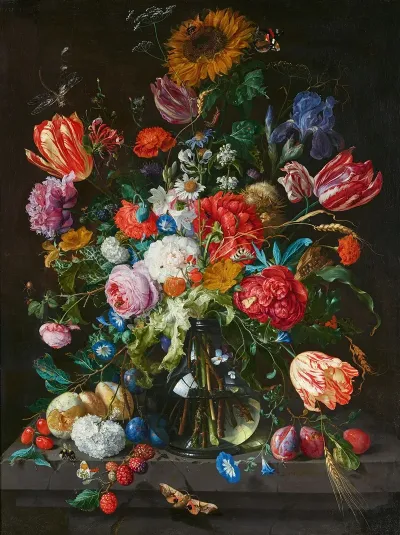 Stillleben Mit Blumen Und Fruchten Auf Einer Steinkonsole