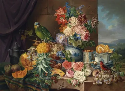 Stillleben Mit Fruchten Blumen Und Papagei