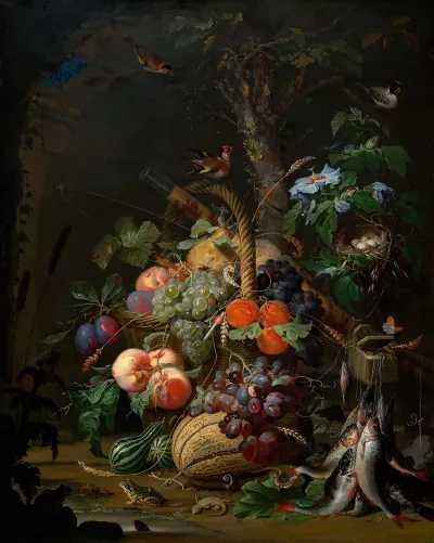 Stillleben Mit Fruchtenfischen Und Vogelnest