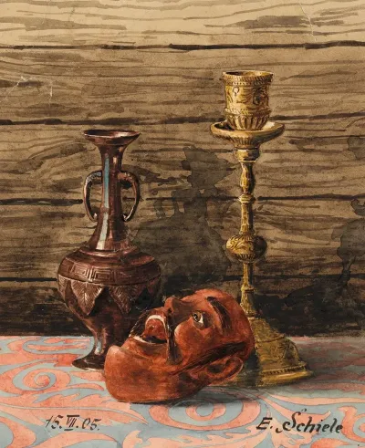 Stillleben Mit Kerzenleuchter Vase Und Maske
