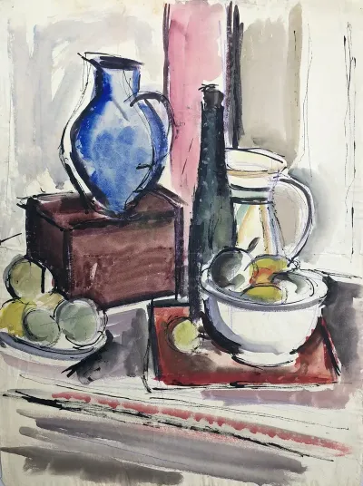 Stillleben Mit Krug Und Fruchten Auf Dem Tisch