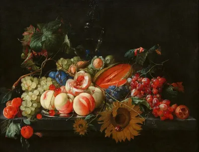 Stillleben Mit Pfirsichen Und Kirschen Auf Einer Silberplatte Mit Anderen Fruchten Nussen Und Sonnenblumen