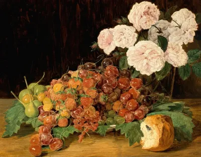 Stillleben Mit Rosen Erdbeeren Und Brot