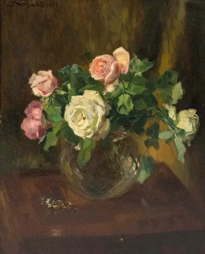 Stillleben Mit Rosen In Glasvase Und Zwei Eheringen