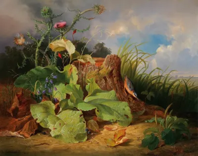 Stillleben Mit Stillleben Mit Disteln Glockenblumen Hagebutten Und Einem Kleiber