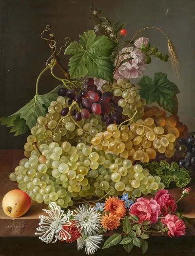 Stillleben Mit Trauben Und Herbstblumen