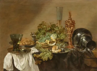 Stillleben Mit Trauben Zitronen Brot Einem Romer Und Einem Vergoldeten Pokal Auf Einer Tafel