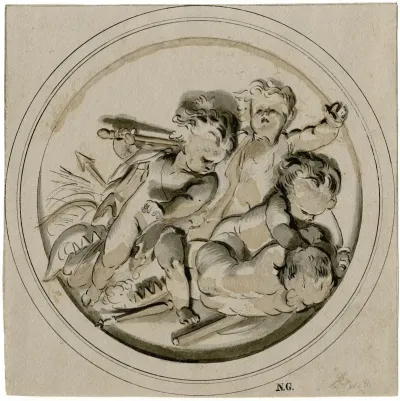 Stoeiende Putti In Een Medaillon
