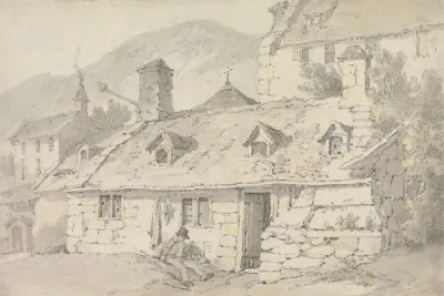 Stone Cottages In A Mountainous Landscape With A Figure In The Foreground