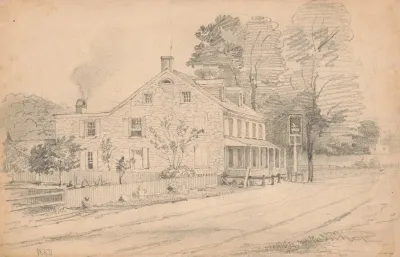 Stone Tavern On A Dirt Road Smoke Coming Out Of Chimney At Rear Of Building Sign At Front Shows A Bird Riding On The Back Of An Animal