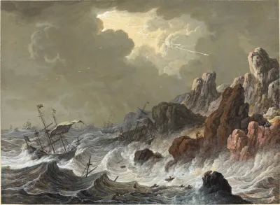 Storm Tossed Ships Wrecked On A Rocky Coast