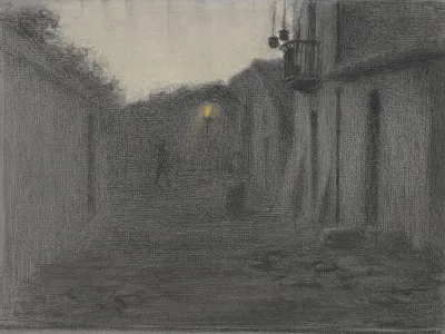 Straatje Met Een Lantaarn In De Schemering