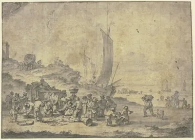 Strand Bei Scheveningen Im Vordergrund Bauern Und Fischhandler Bei Einem Karren Rechts Ausblick Auf Das Meer
