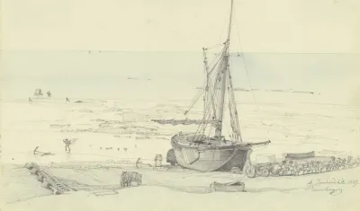 Strand Mit Grosem Fischerboot Und Lastwagen Von Vier Paar Pferden Gezogen