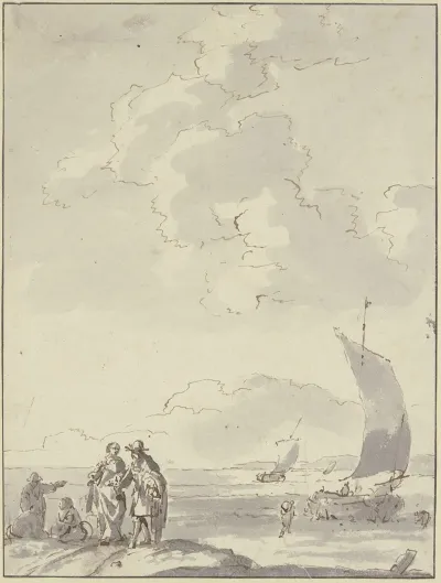 Strand Vorne Links Ein Herr Und Eine Dame Daneben Drei Andere Figuren Rechts Drei Segelboote